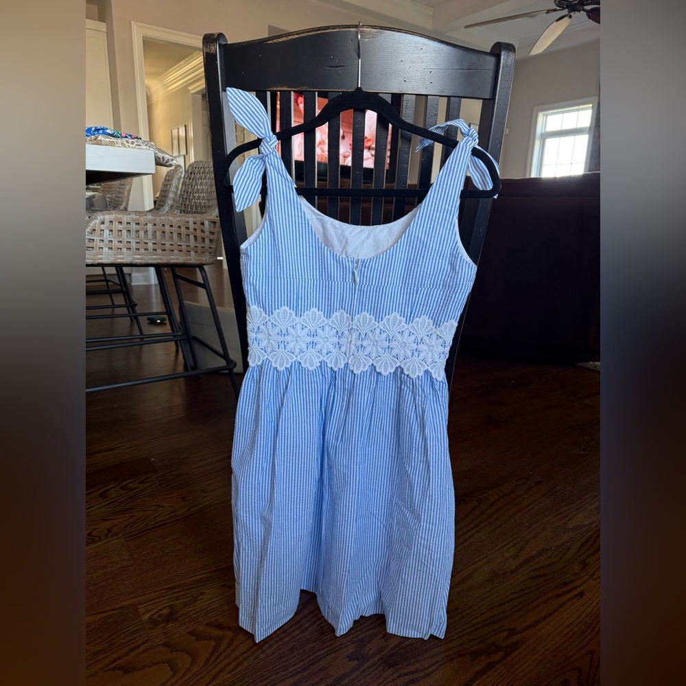 Lilly Pulitzer Blue and White Striped Tie-Shoulder Dress with White Lace Waist - Picture 2 of 3